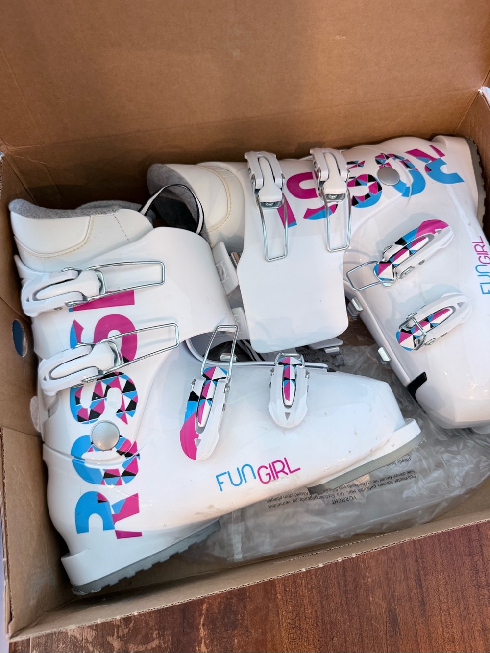 Rossignol Kids "Fun Girl" White Ski Boots with Pink & Blue Accents